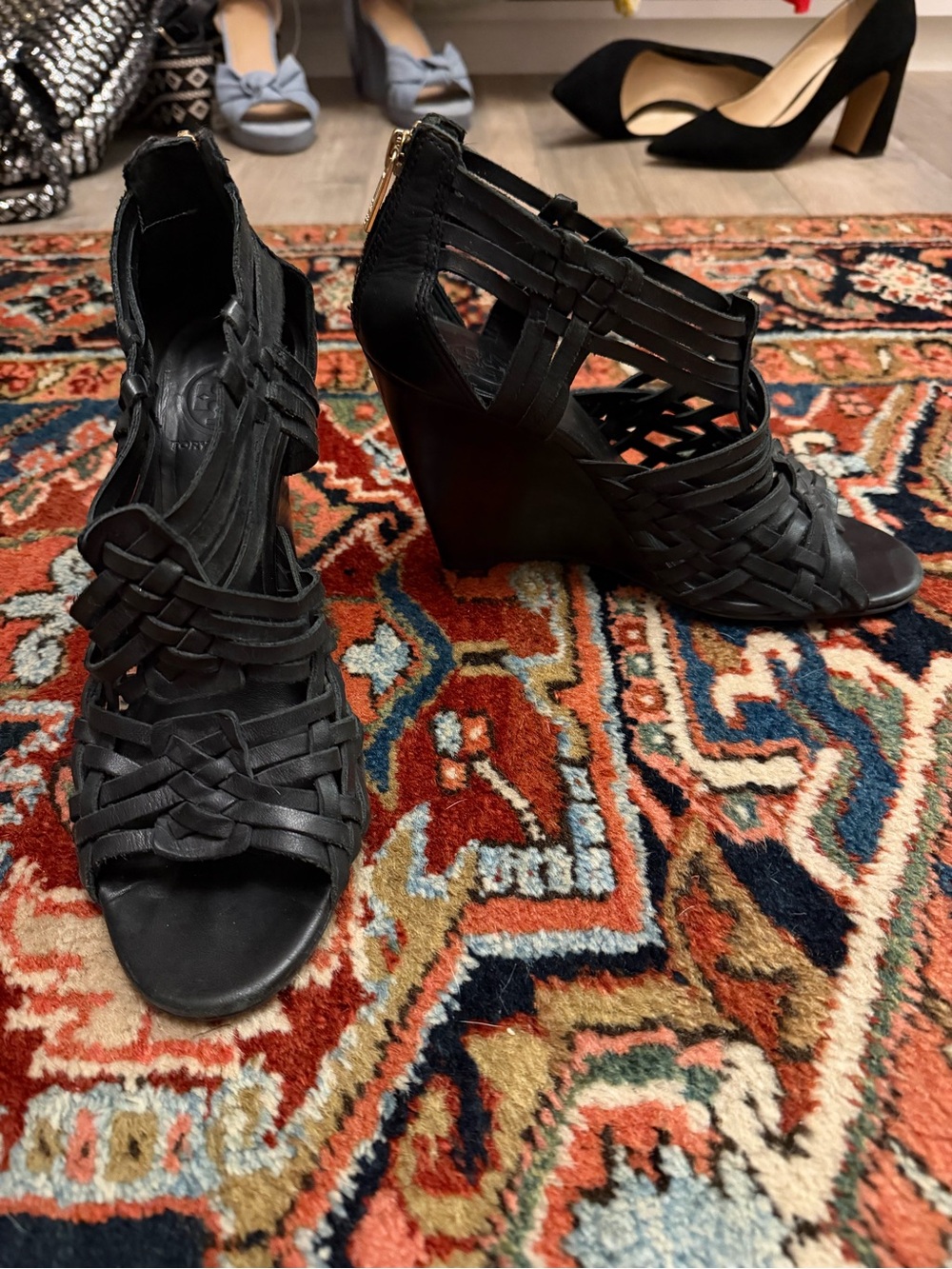 Tory Burch Black Woven Leather Heels - Picture 2 of 5